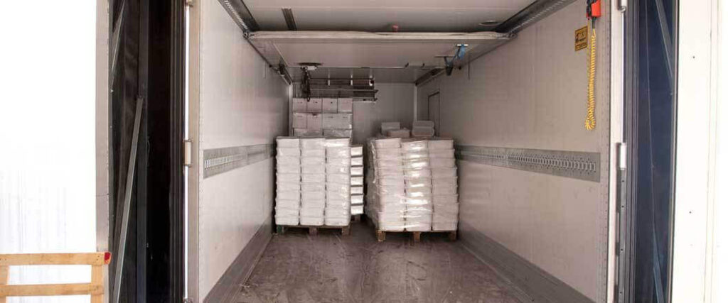palletized frozen goods inside a reefer container