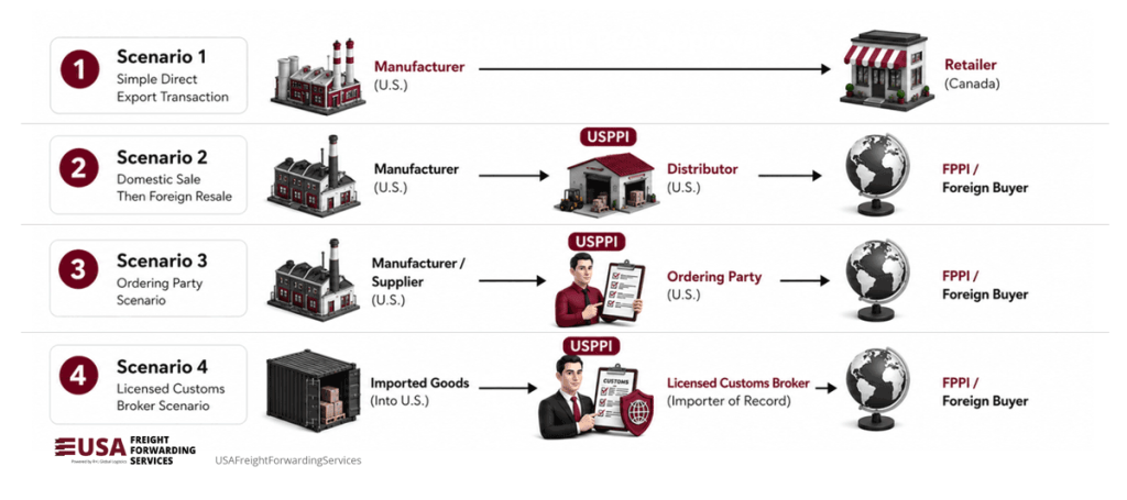 An image depicting four scenarios in which the USPPI changes based on who executes the export process. 

Scenario 1: Simple direct export transaction: Manufacturer to retailer, manufacturer is USPPI
Scenario 2 domestic sale then foreign resale, distributor is USPPI
Scenario 3 ordering party in US facilitates export transaction, they are the USPPI
Scenario 4 involves a licensed customs broker, the broker is the USPPI